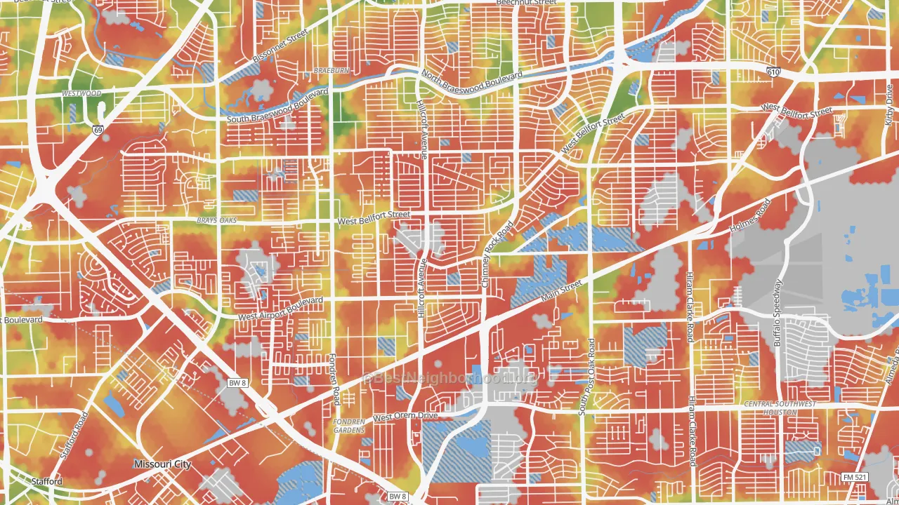 Walk Grade map of 77035, TX, walkable areas in green and car-dependent areas in red