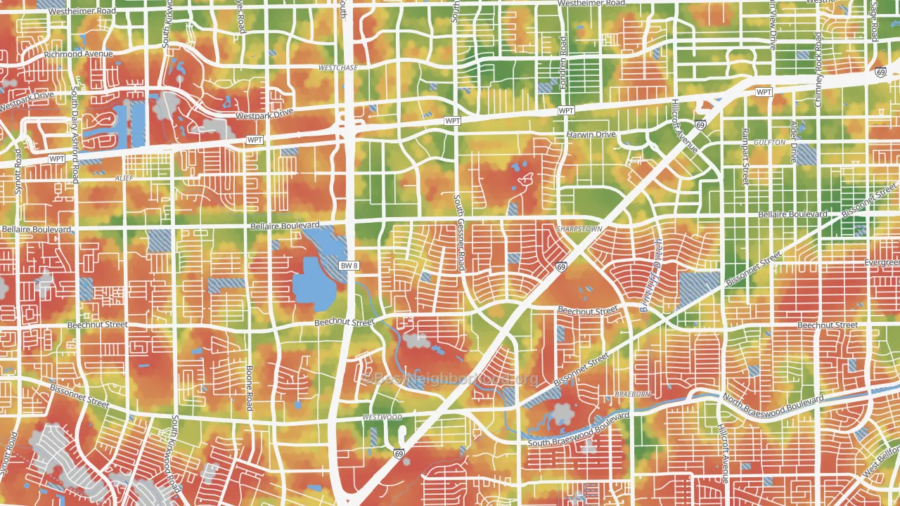 Walk Grade map of 77036, TX, walkable areas in green and car-dependent areas in red