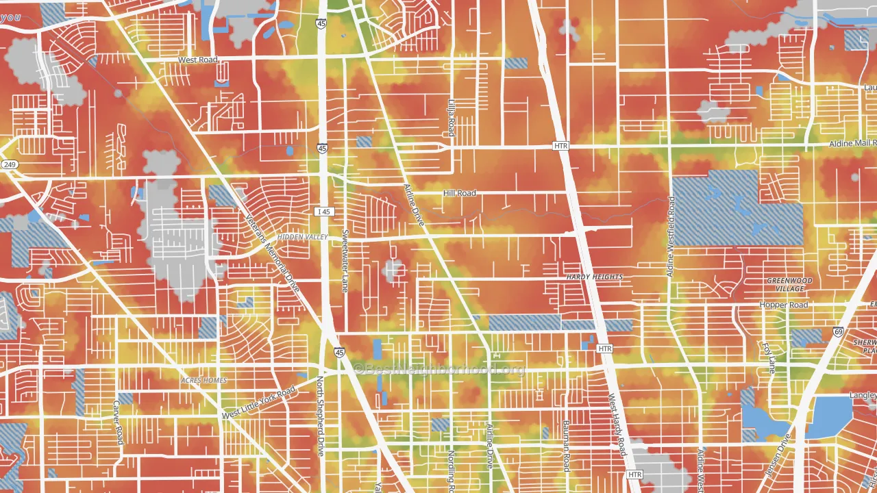 Walk Grade map of 77037, TX, walkable areas in green and car-dependent areas in red