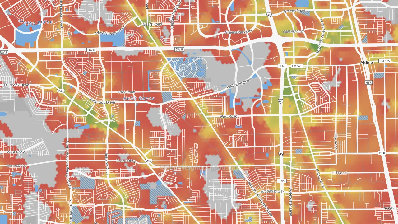 Walk Grade map of 77038, TX, walkable areas in green and car-dependent areas in red