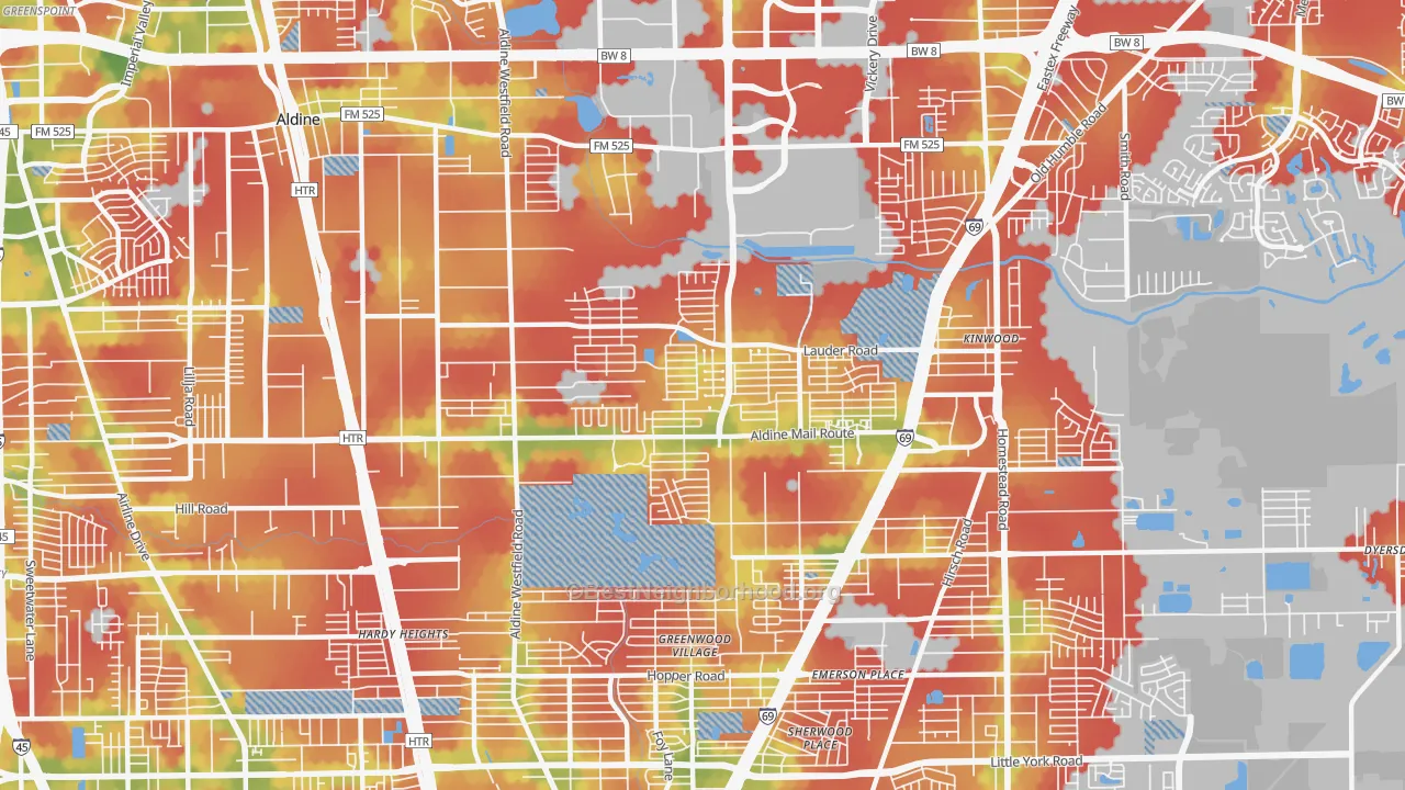 Walk Grade map of 77039, TX, walkable areas in green and car-dependent areas in red