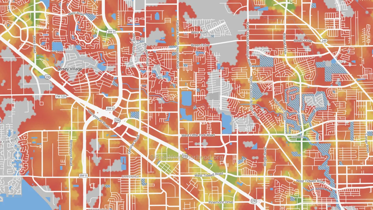 Walk Grade map of 77040, TX, walkable areas in green and car-dependent areas in red