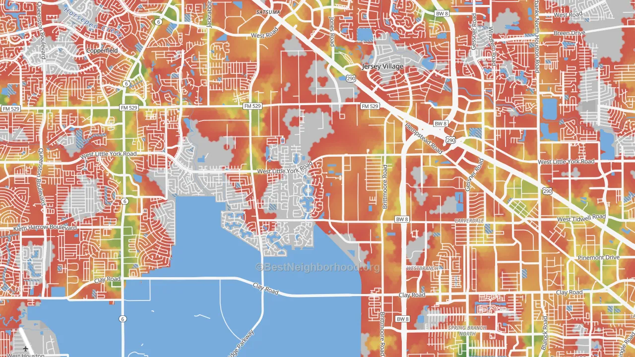 Walk Grade map of 77041, TX, walkable areas in green and car-dependent areas in red