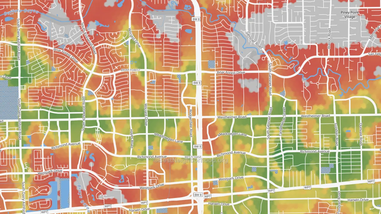 Walk Grade map of 77042, TX, walkable areas in green and car-dependent areas in red