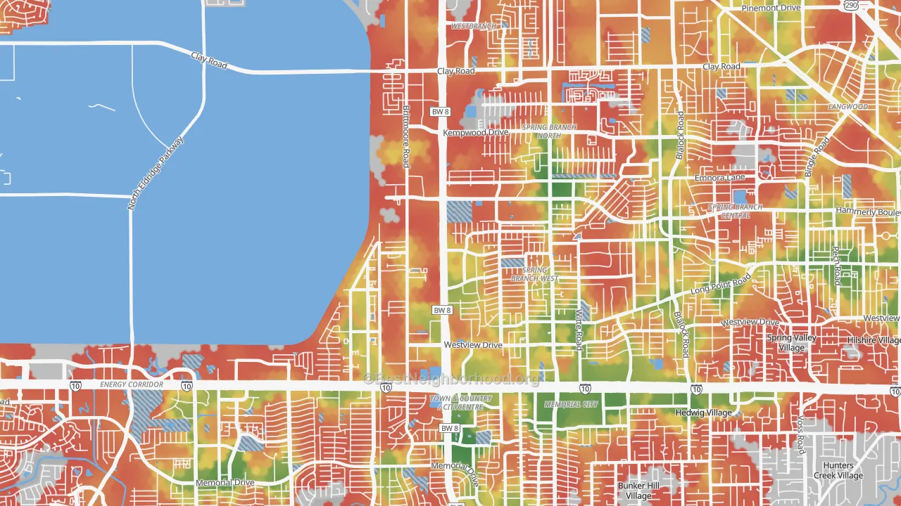 Walk Grade map of 77043, TX, walkable areas in green and car-dependent areas in red