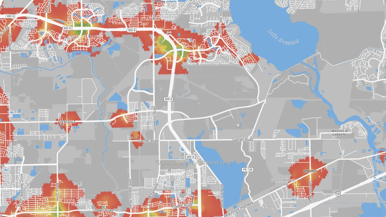 Walk Grade map of 77044, TX, walkable areas in green and car-dependent areas in red