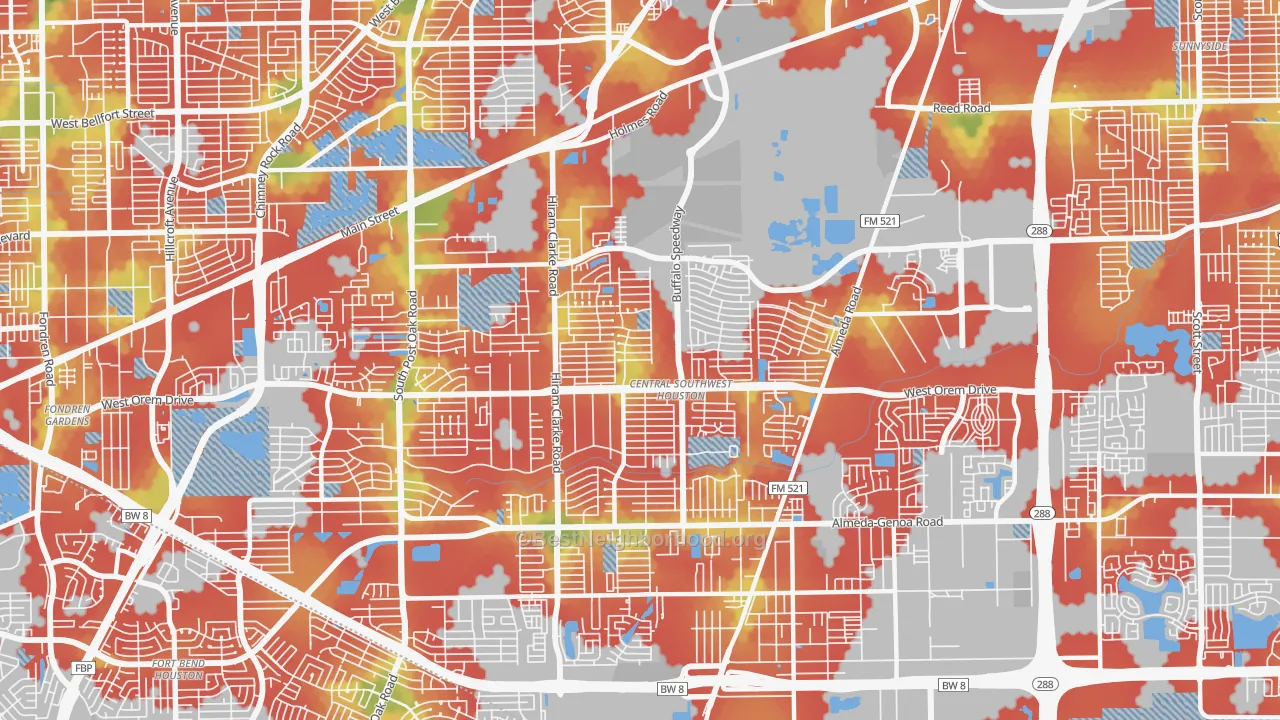 Walk Grade map of 77045, TX, walkable areas in green and car-dependent areas in red