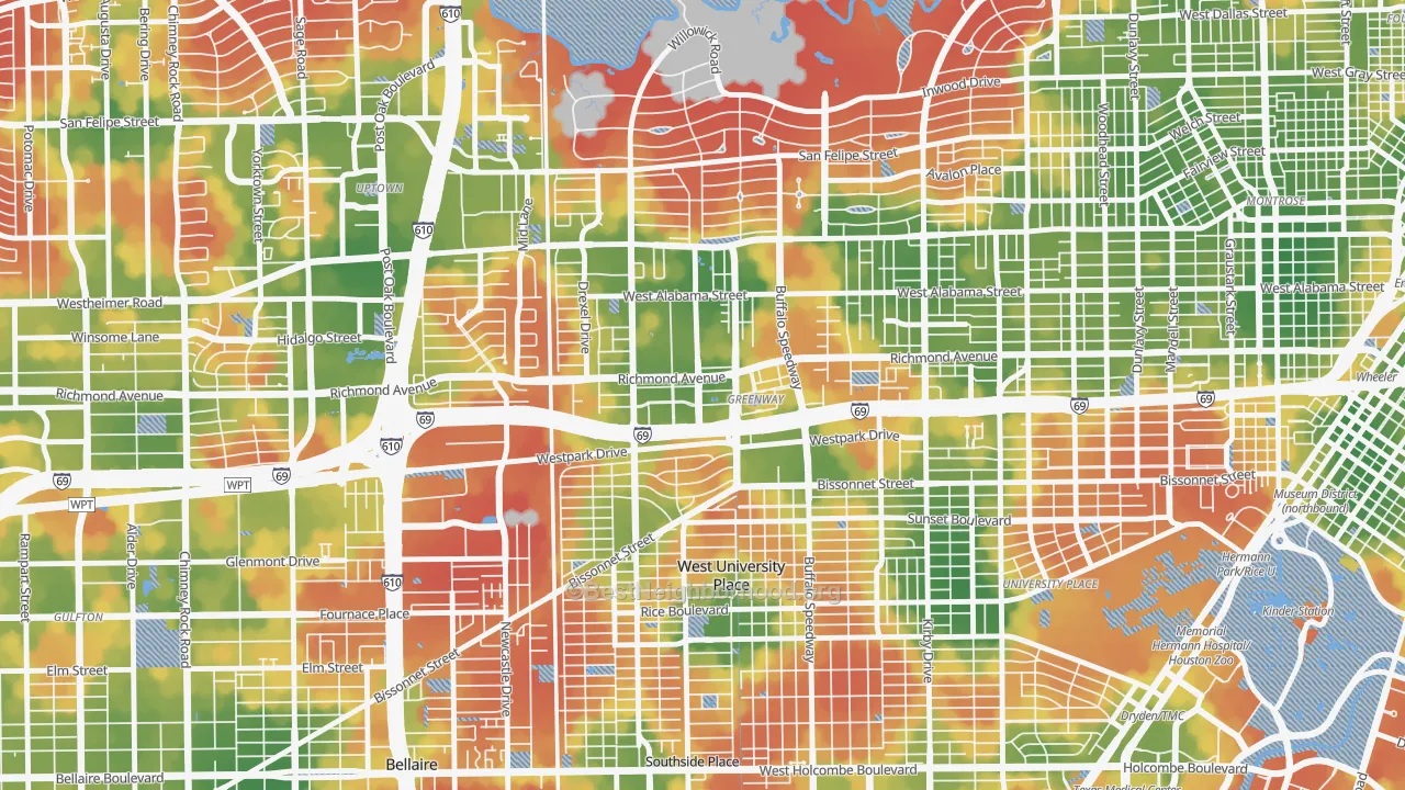 Walk Grade map of 77046, TX, walkable areas in green and car-dependent areas in red