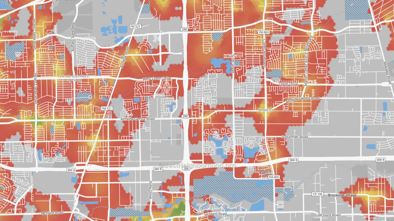 Walk Grade map of 77047, TX, walkable areas in green and car-dependent areas in red