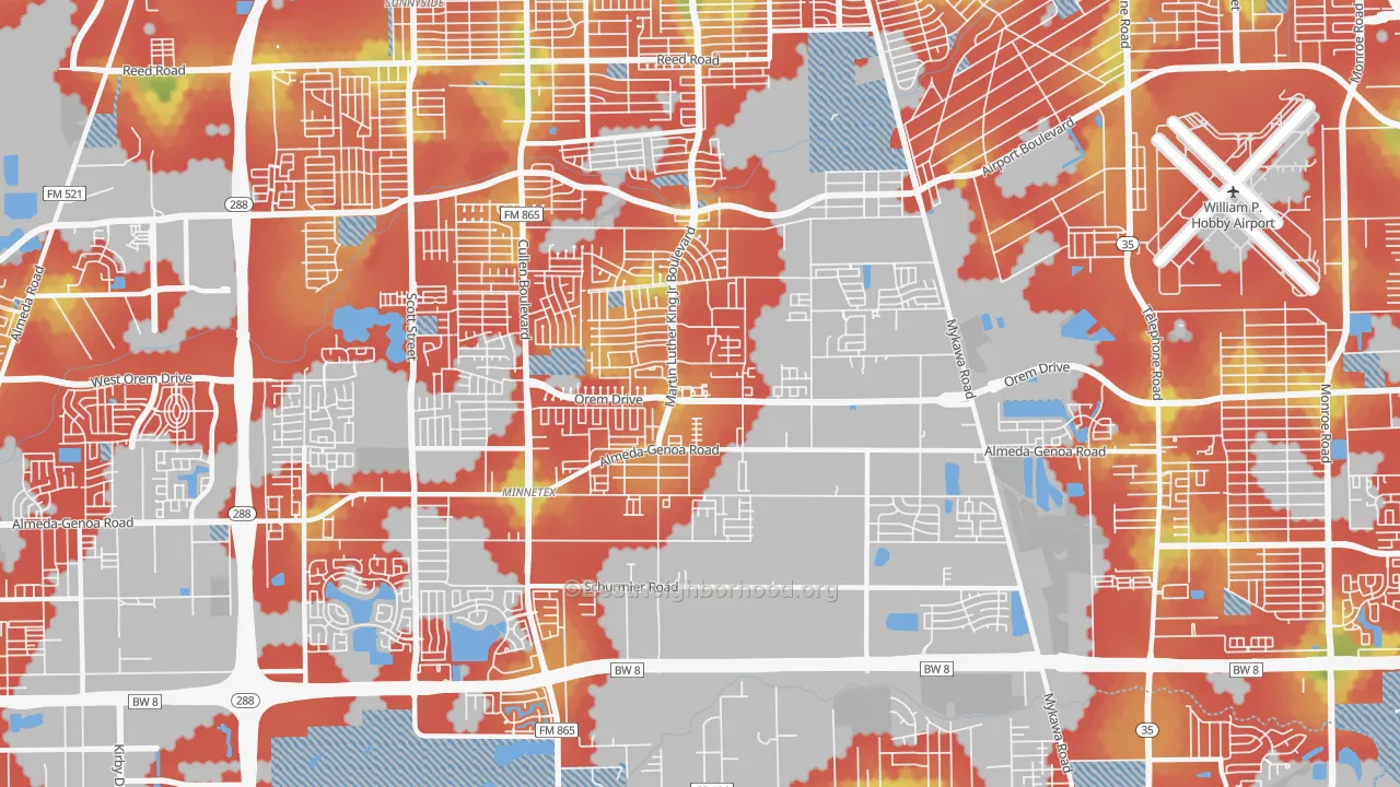 Walk Grade map of 77048, TX, walkable areas in green and car-dependent areas in red