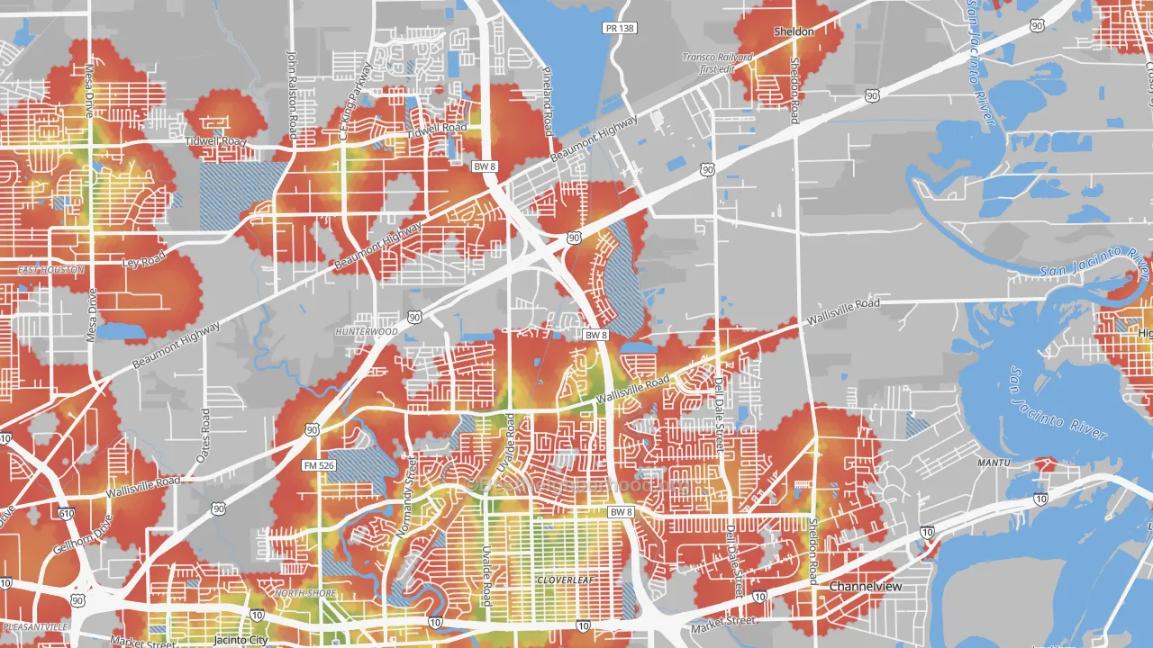 Walk Grade map of 77049, TX, walkable areas in green and car-dependent areas in red