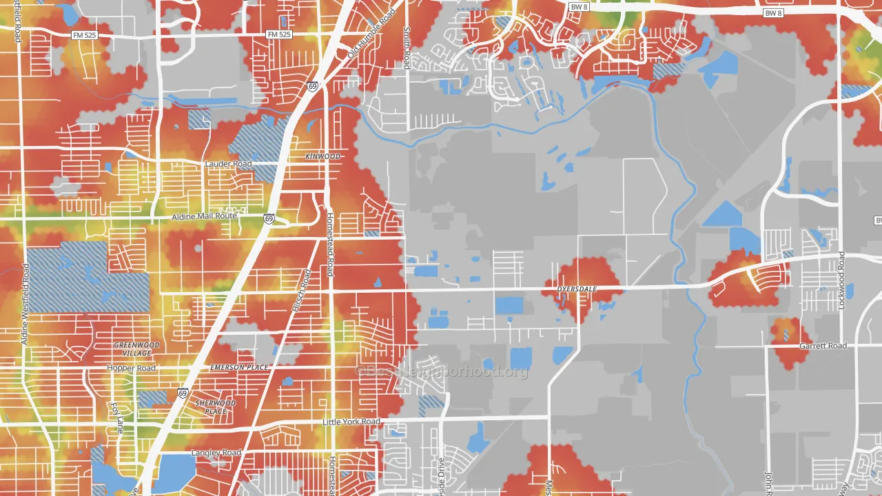 Walk Grade map of 77050, TX, walkable areas in green and car-dependent areas in red