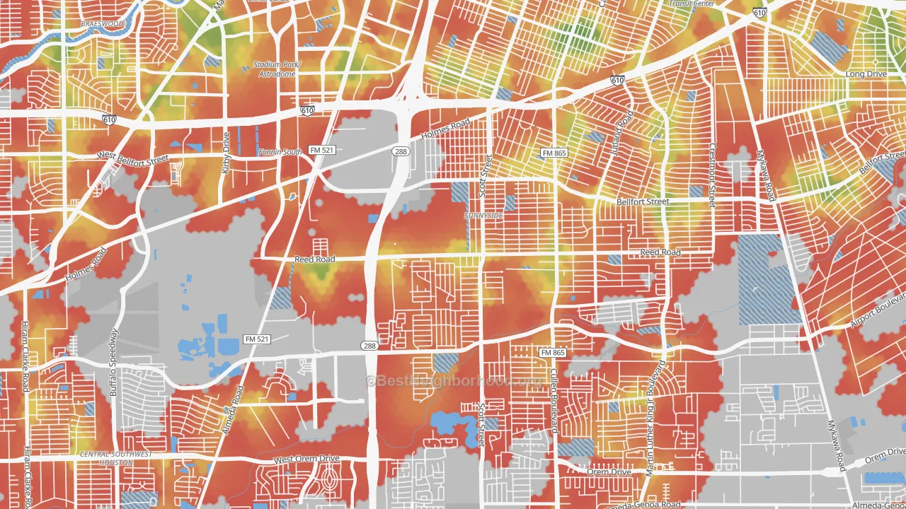 Walk Grade map of 77051, TX, walkable areas in green and car-dependent areas in red