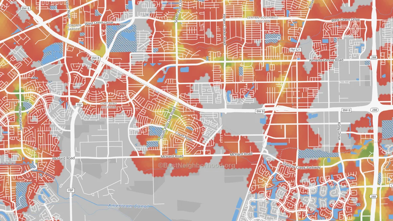 Walk Grade map of 77053, TX, walkable areas in green and car-dependent areas in red