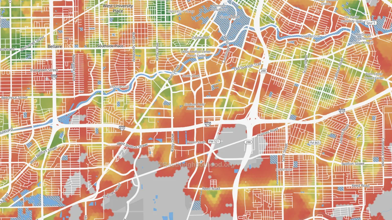 Walk Grade map of 77054, TX, walkable areas in green and car-dependent areas in red