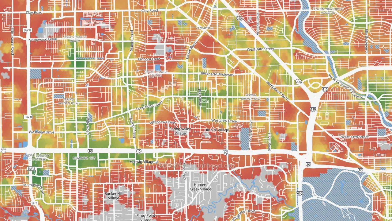 Walk Grade map of 77055, TX, walkable areas in green and car-dependent areas in red