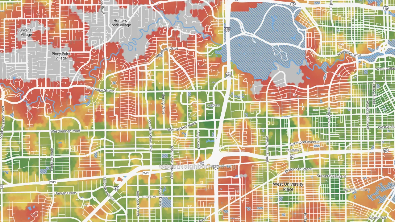 Walk Grade map of 77056, TX, walkable areas in green and car-dependent areas in red