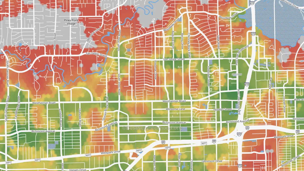 Walk Grade map of 77057, TX, walkable areas in green and car-dependent areas in red