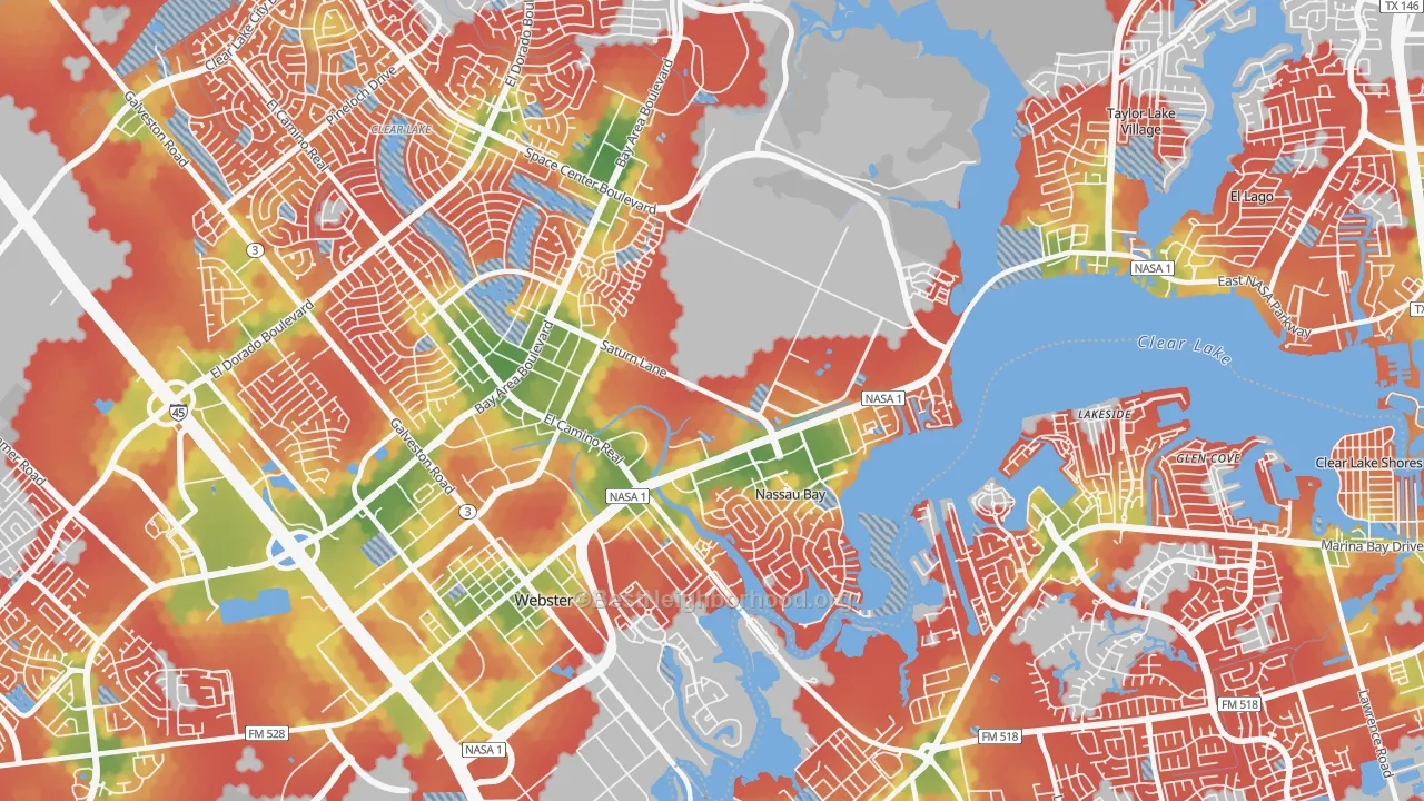 Walk Grade map of 77058, TX, walkable areas in green and car-dependent areas in red