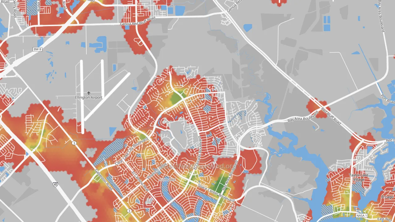Walk Grade map of 77059, TX, walkable areas in green and car-dependent areas in red