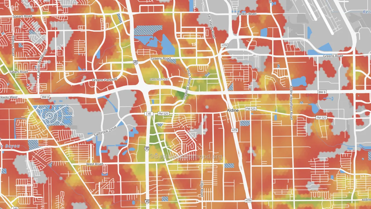 Walk Grade map of 77060, TX, walkable areas in green and car-dependent areas in red