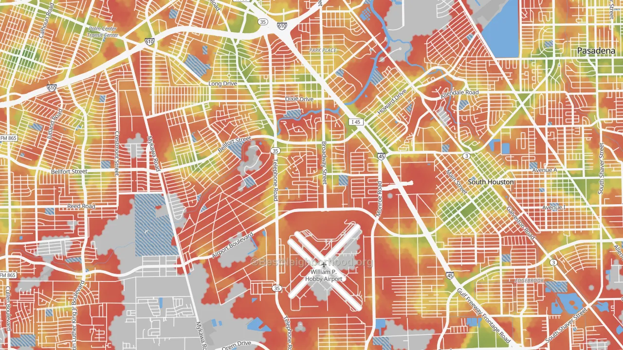 Walk Grade map of 77061, TX, walkable areas in green and car-dependent areas in red