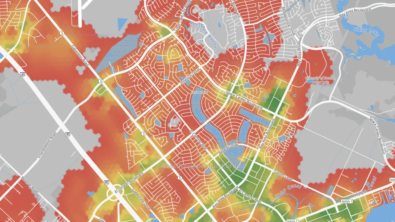 Walk Grade map of 77062, TX, walkable areas in green and car-dependent areas in red