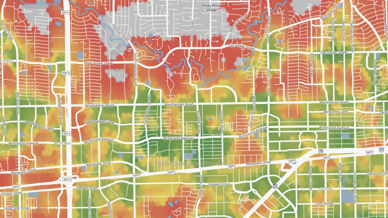 Walk Grade map of 77063, TX, walkable areas in green and car-dependent areas in red