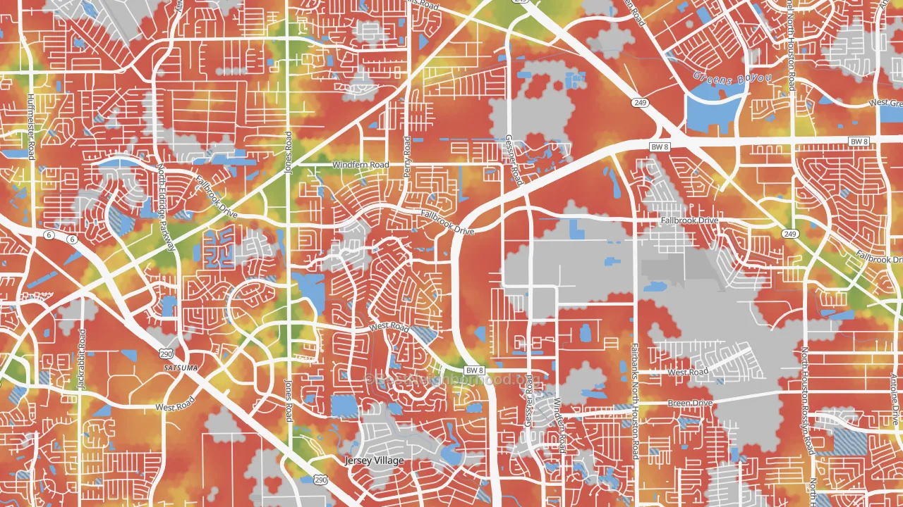 Walk Grade map of 77064, TX, walkable areas in green and car-dependent areas in red