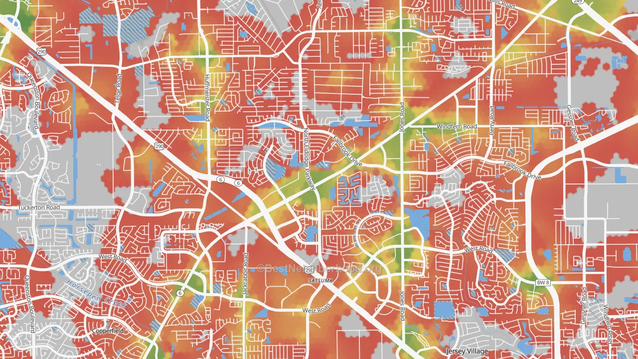 Walk Grade map of 77065, TX, walkable areas in green and car-dependent areas in red