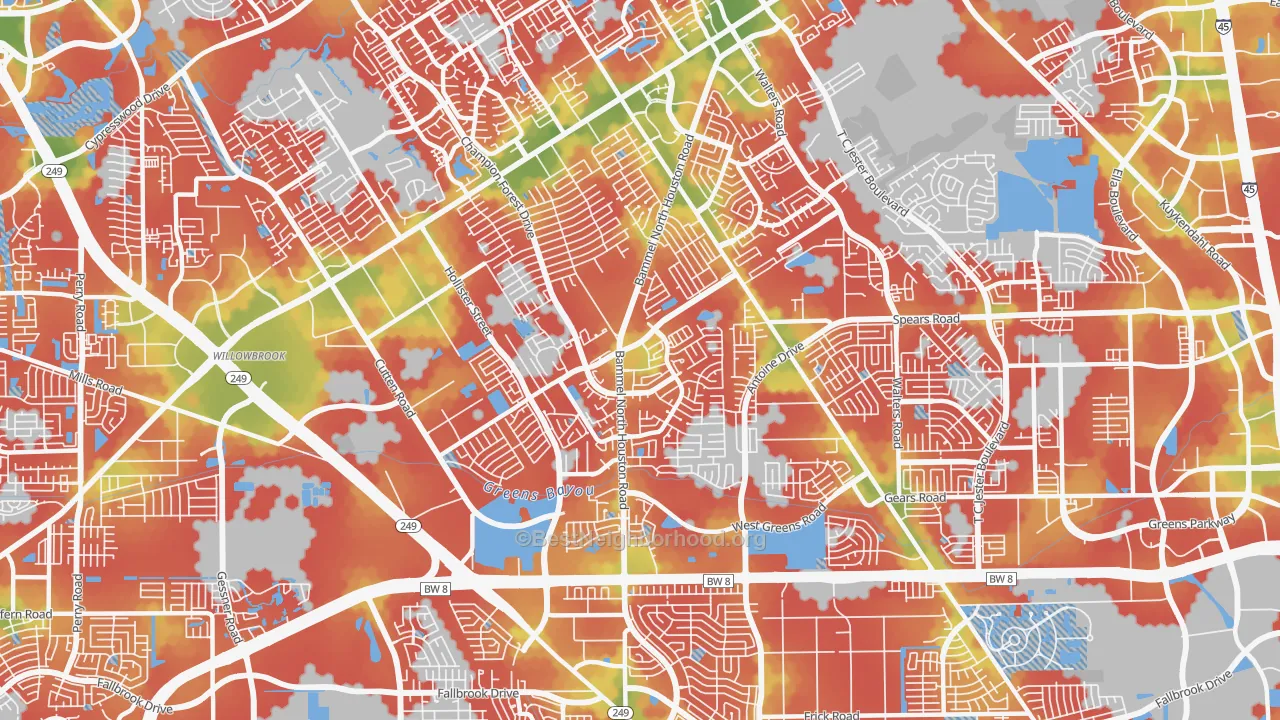 Walk Grade map of 77066, TX, walkable areas in green and car-dependent areas in red
