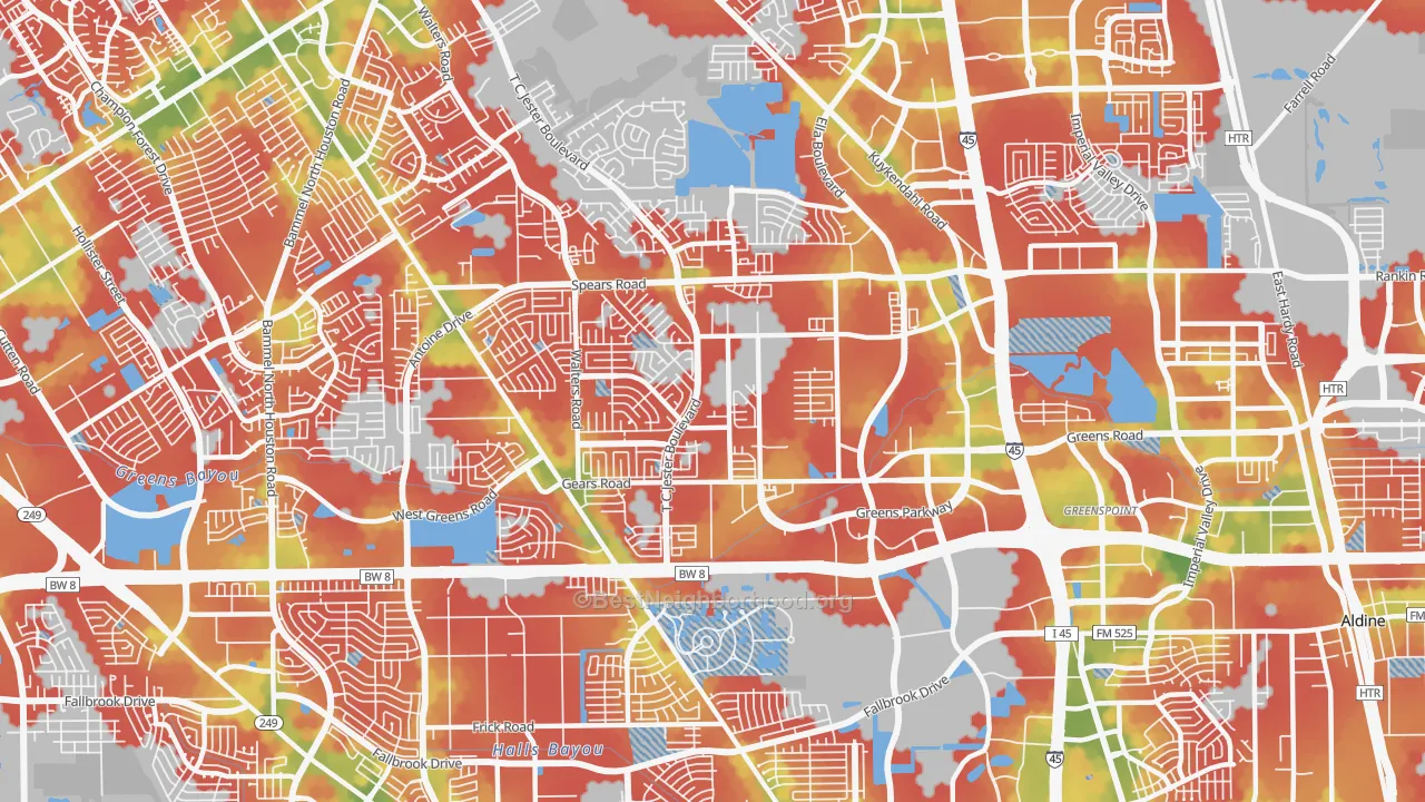 Walk Grade map of 77067, TX, walkable areas in green and car-dependent areas in red