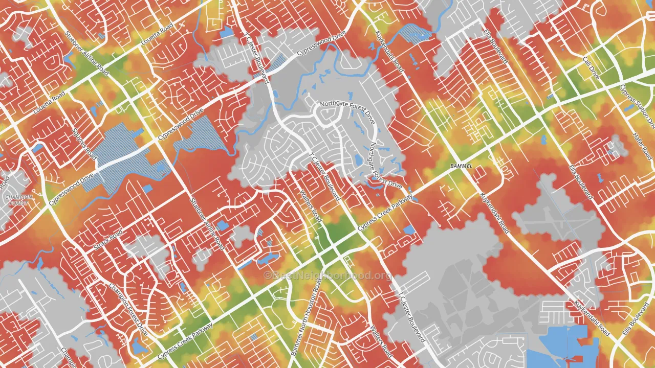 Walk Grade map of 77068, TX, walkable areas in green and car-dependent areas in red