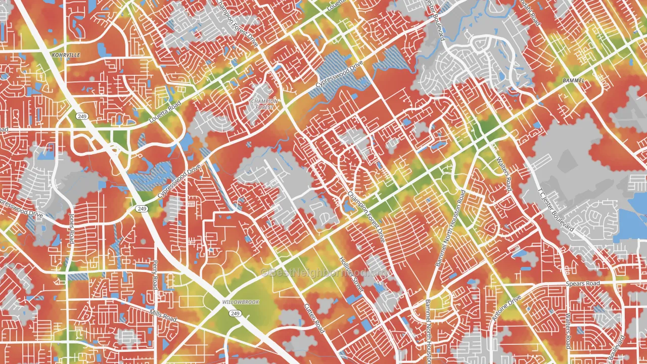 Walk Grade map of 77069, TX, walkable areas in green and car-dependent areas in red