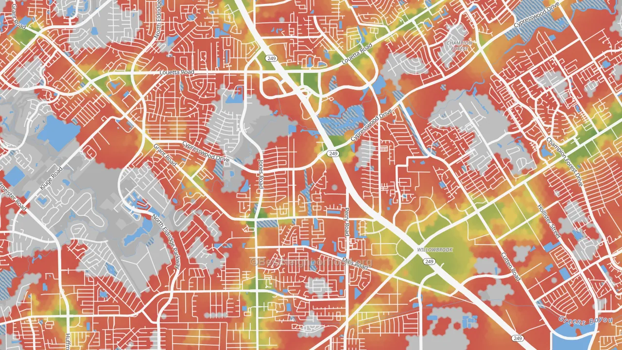 Walk Grade map of 77070, TX, walkable areas in green and car-dependent areas in red