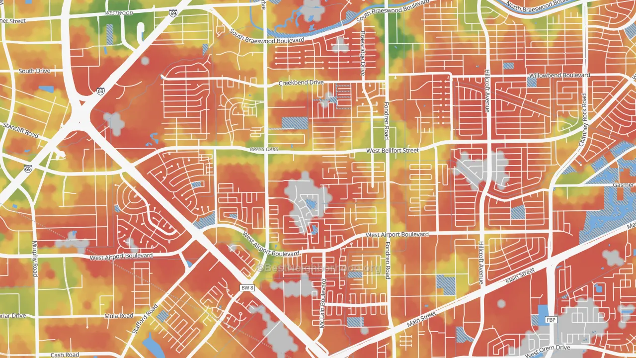 Walk Grade map of 77071, TX, walkable areas in green and car-dependent areas in red