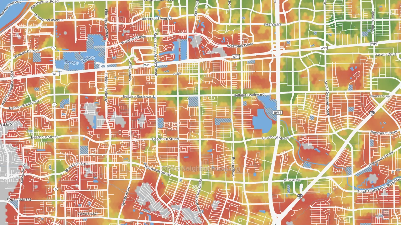 Walk Grade map of 77072, TX, walkable areas in green and car-dependent areas in red
