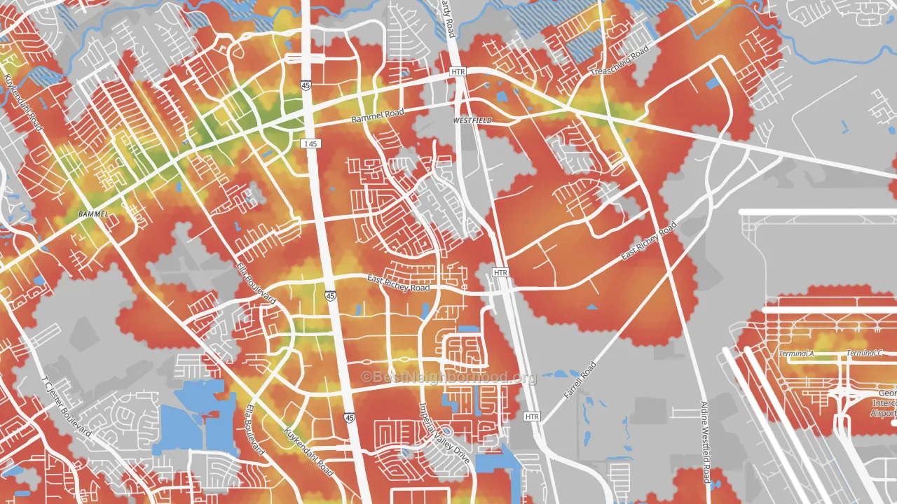 Walk Grade map of 77073, TX, walkable areas in green and car-dependent areas in red