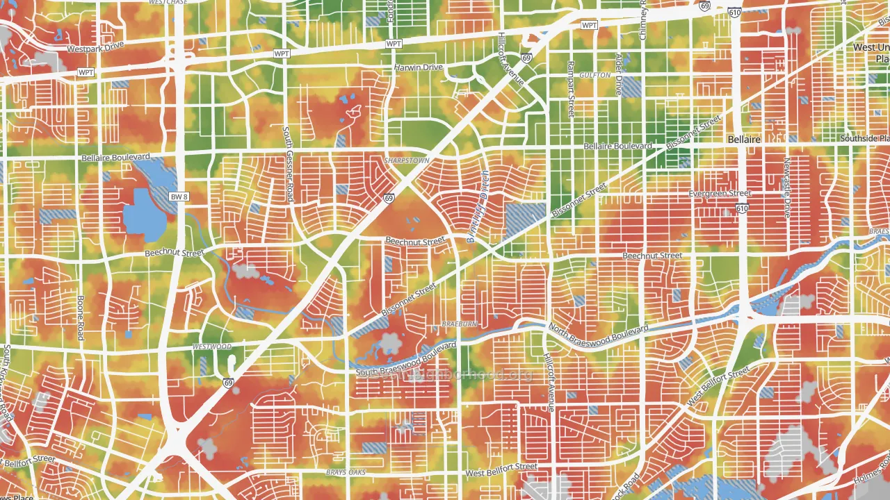 Walk Grade map of 77074, TX, walkable areas in green and car-dependent areas in red