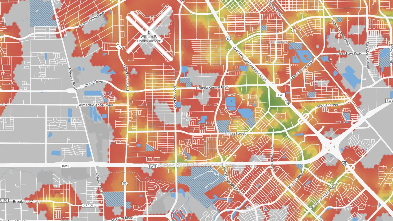 Walk Grade map of 77075, TX, walkable areas in green and car-dependent areas in red