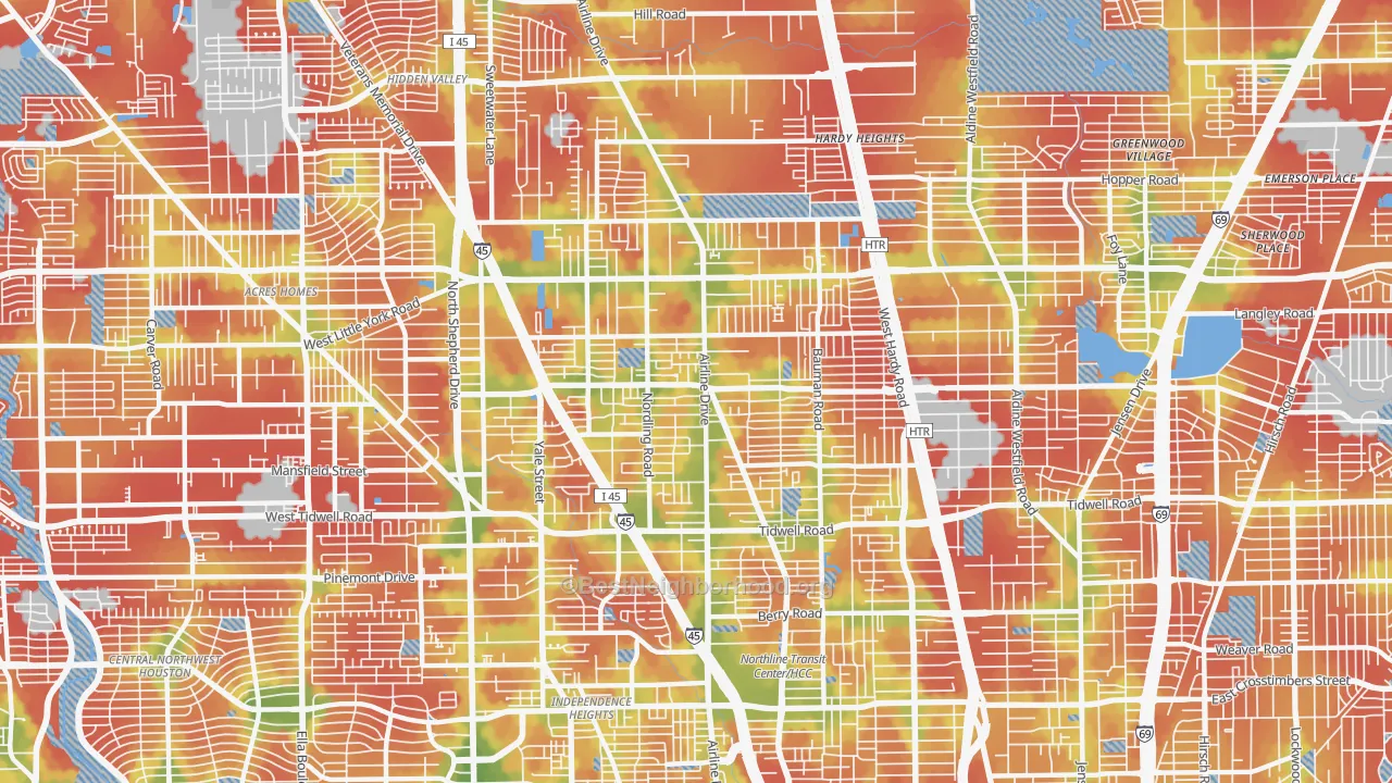 Walk Grade map of 77076, TX, walkable areas in green and car-dependent areas in red