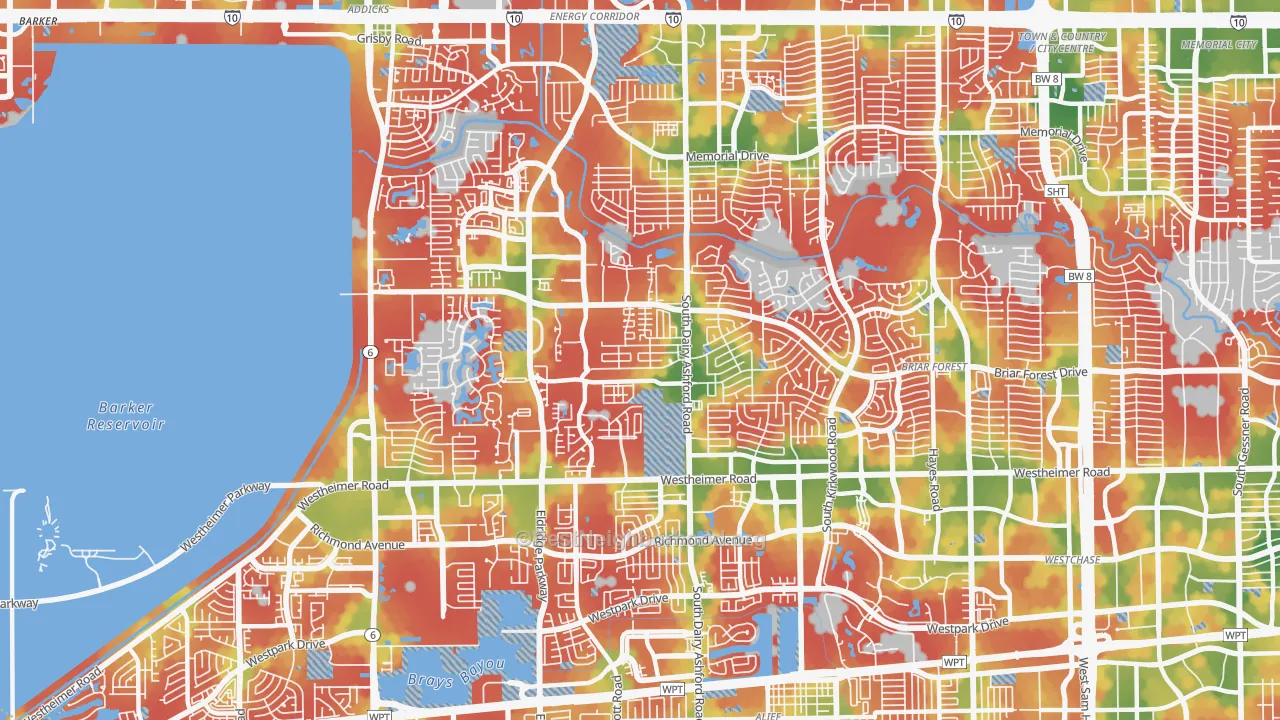 Walk Grade map of 77077, TX, walkable areas in green and car-dependent areas in red