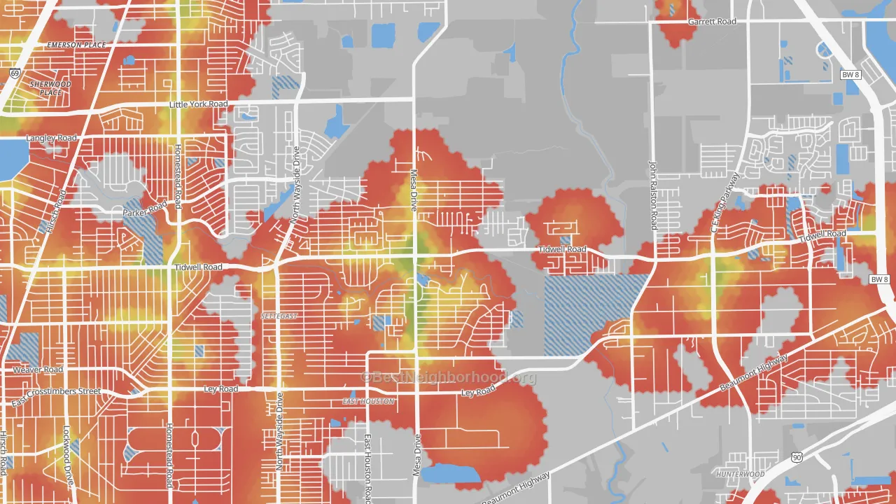 Walk Grade map of 77078, TX, walkable areas in green and car-dependent areas in red