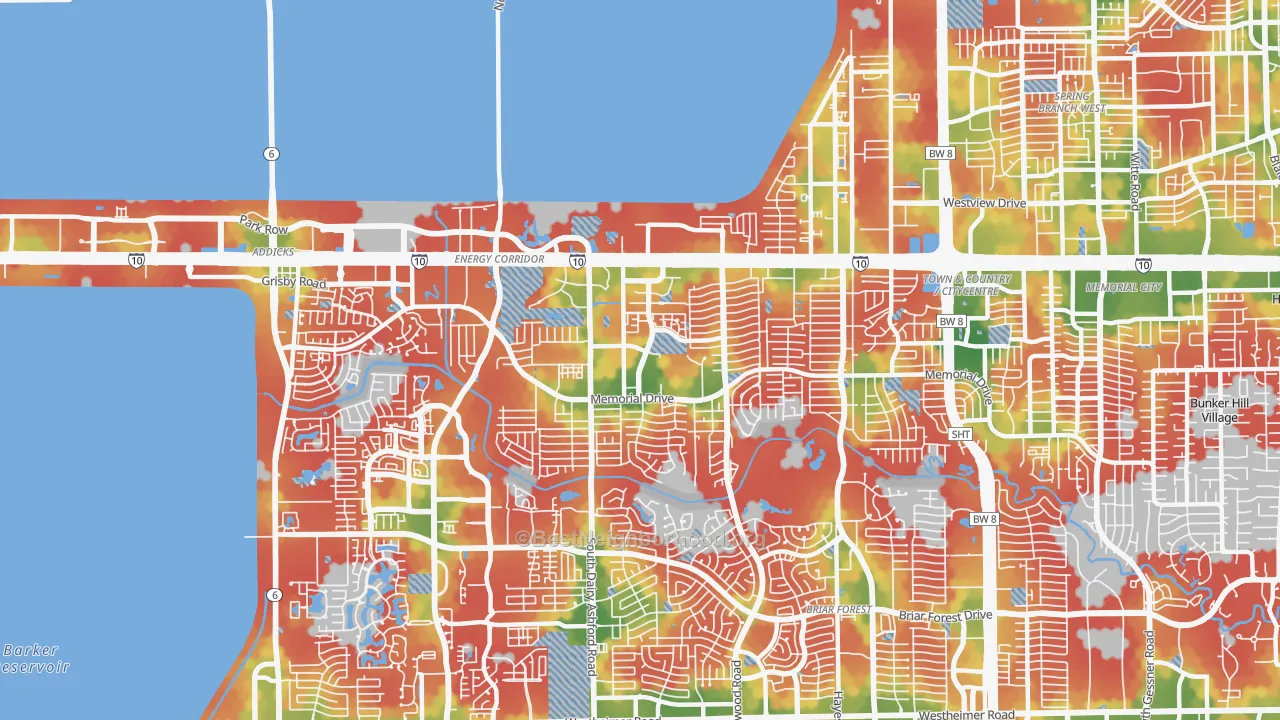 Walk Grade map of 77079, TX, walkable areas in green and car-dependent areas in red