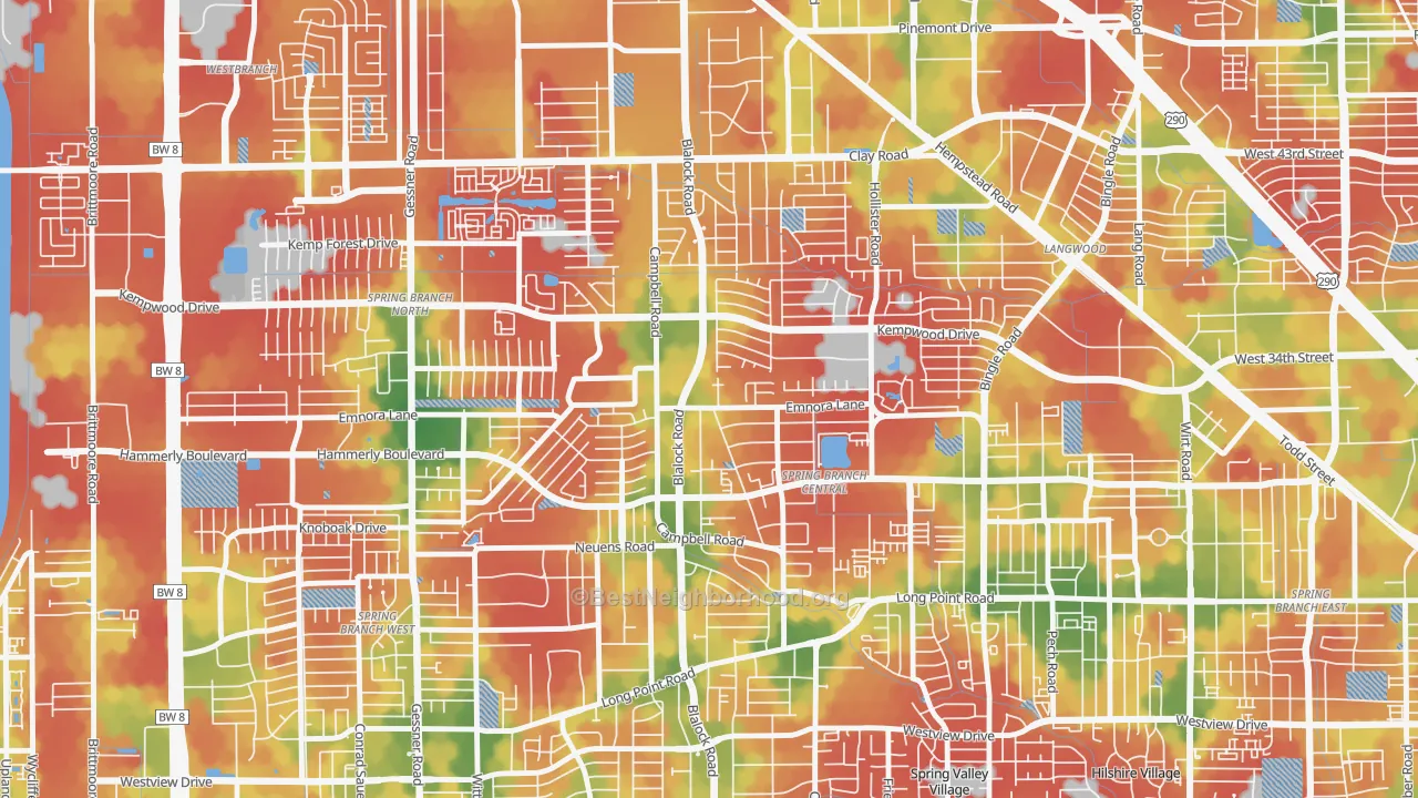 Walk Grade map of 77080, TX, walkable areas in green and car-dependent areas in red