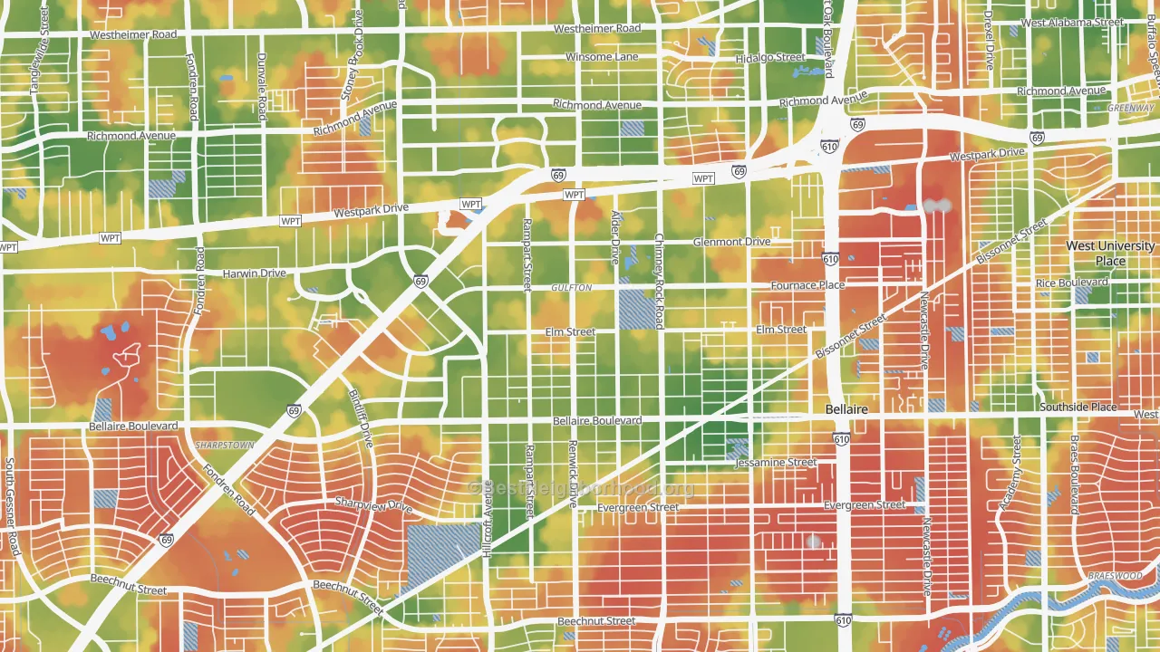 Walk Grade map of 77081, TX, walkable areas in green and car-dependent areas in red
