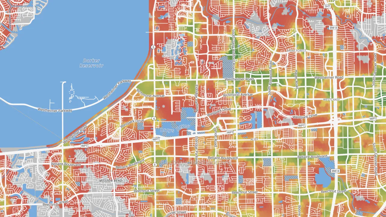 Walk Grade map of 77082, TX, walkable areas in green and car-dependent areas in red