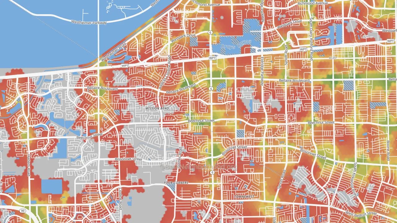 Walk Grade map of 77083, TX, walkable areas in green and car-dependent areas in red