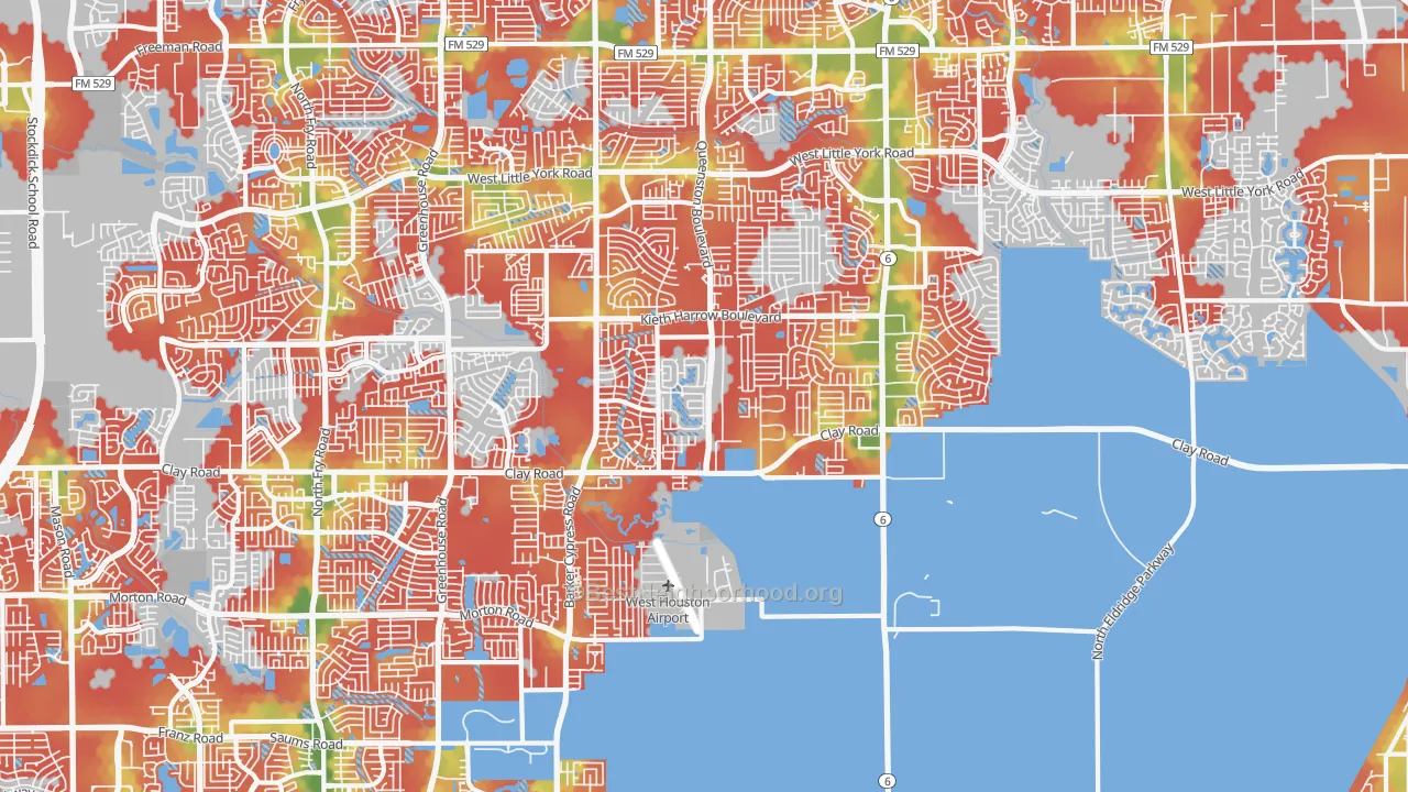 Walk Grade map of 77084, TX, walkable areas in green and car-dependent areas in red