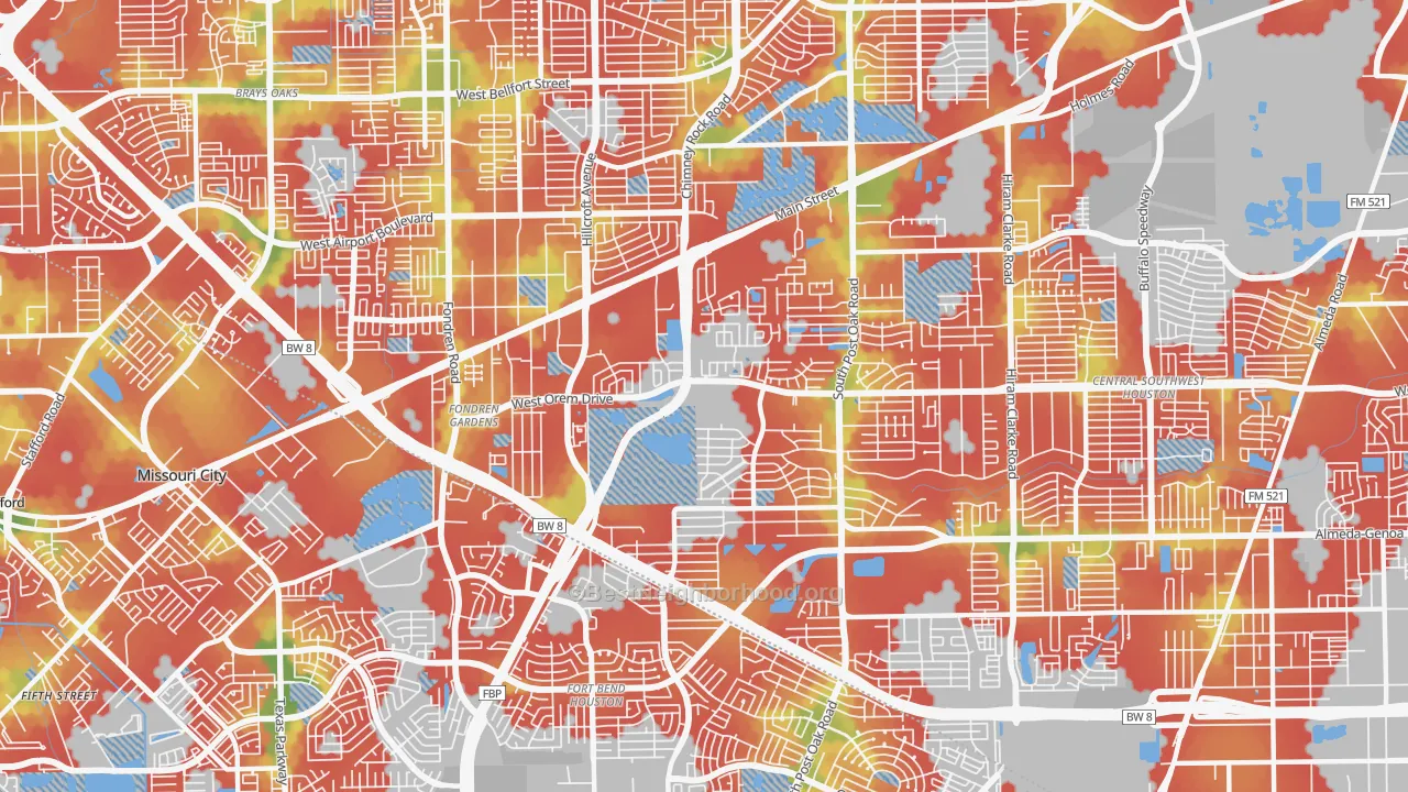 Walk Grade map of 77085, TX, walkable areas in green and car-dependent areas in red